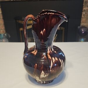 Drip glaze/Tourtoise Shell pitcher Brown Cream Black crimpled spout with Handle